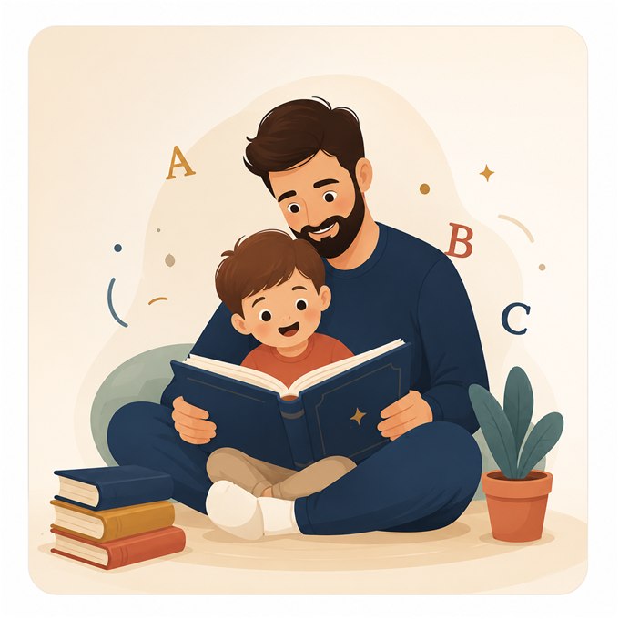 Ilustração: pai lendo um livro com o filho no colo